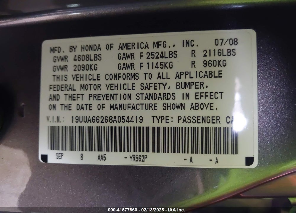2008 ACURA TL 3.2 VIN: 19UUA66268A054419