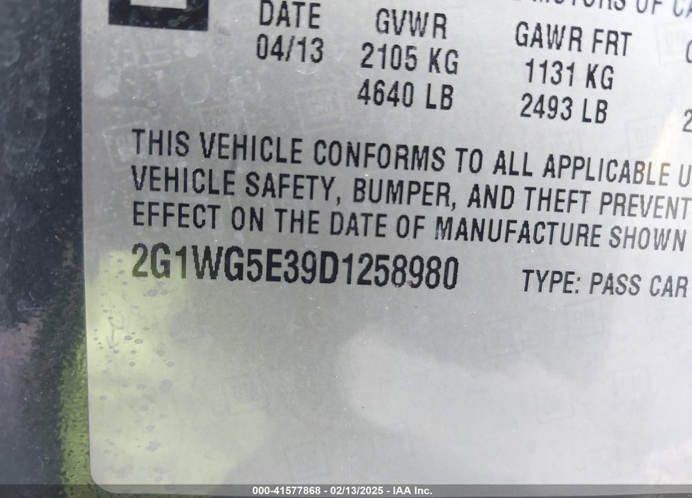 2013 CHEVROLET IMPALA VIN: 2G1WG5E39D1258980