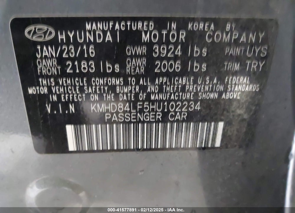 2017 HYUNDAI ELANTRA VIN: KMHD84LF5HU102234
