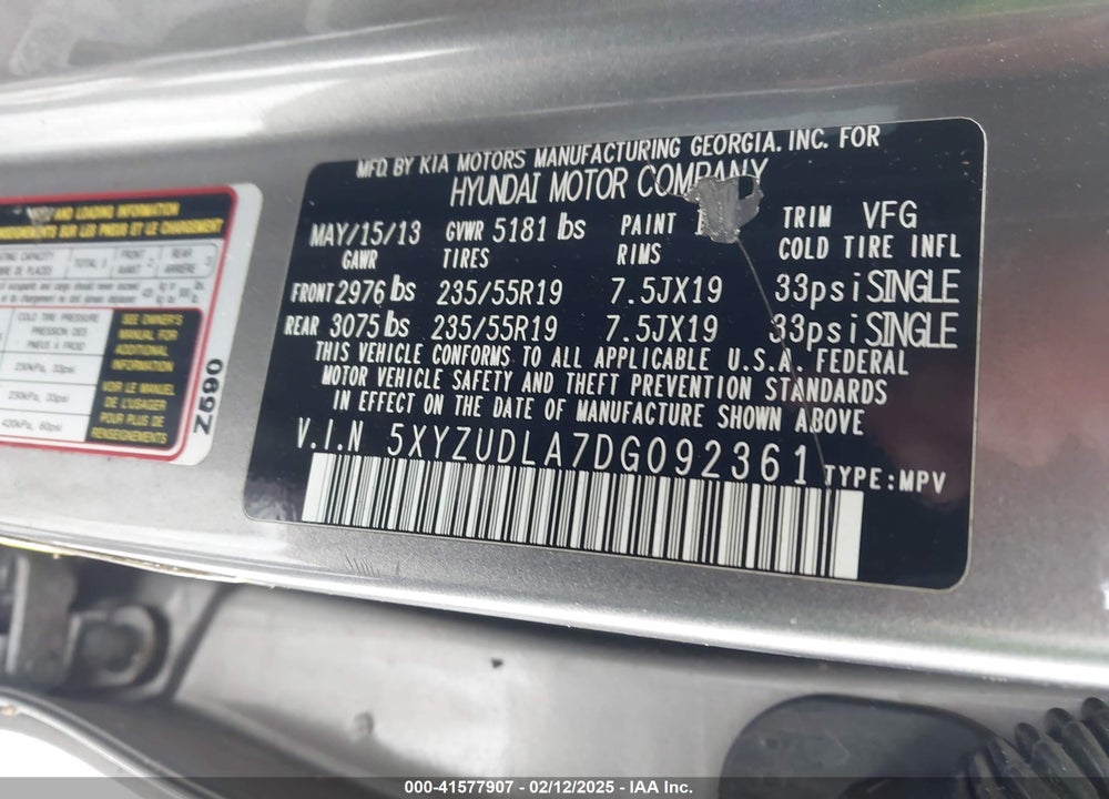 2013 HYUNDAI SANTA FE SPORT 2.0T VIN: 5XYZUDLA7DG092361