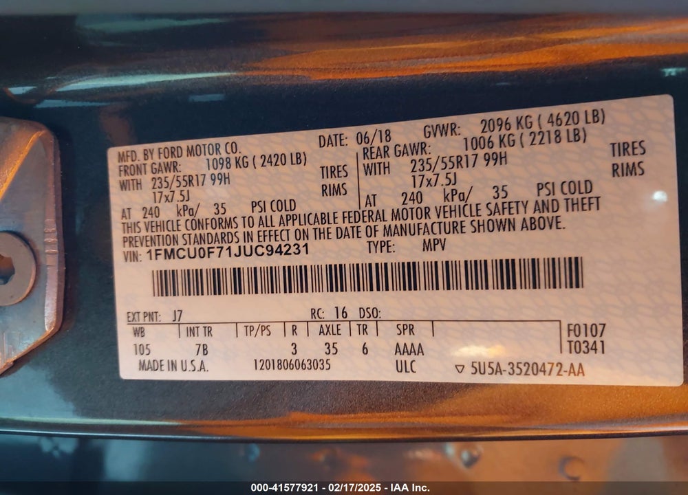 2018 FORD ESCAPE S VIN: 1FMCU0F71JUC94231