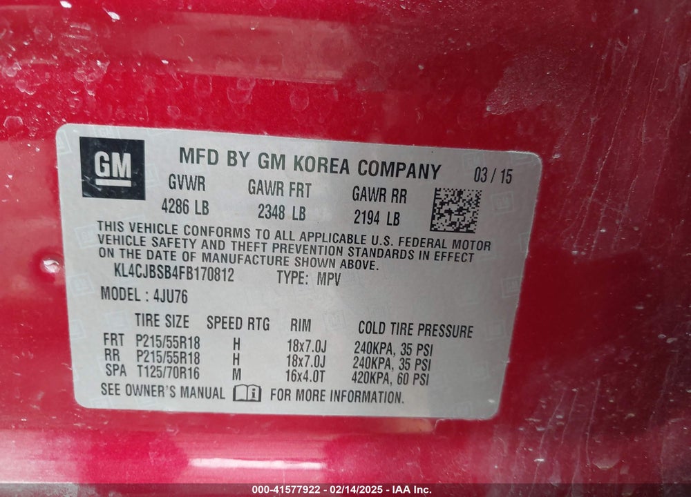 2015 BUICK ENCORE CONVENIENCE VIN: KL4CJBSB4FB170812