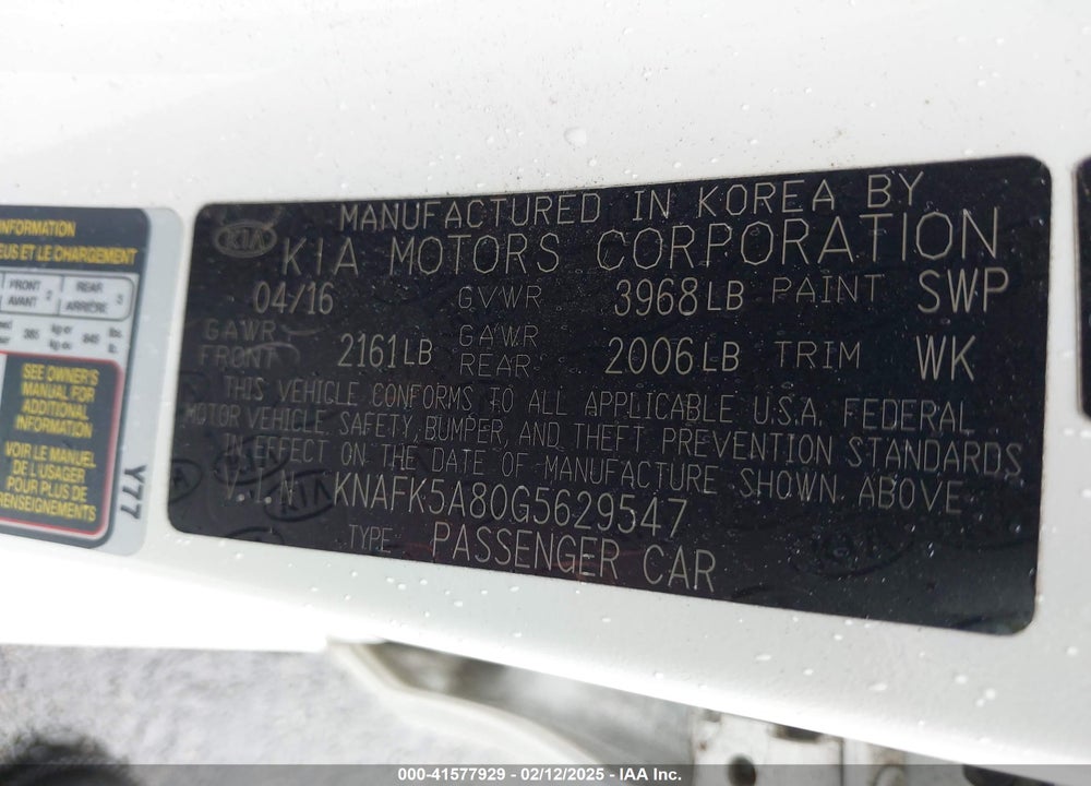 2016 KIA FORTE 5-DOOR VIN: KNAFK5A80G5629547
