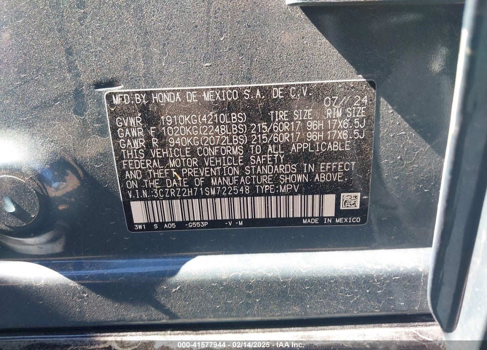 2025 HONDA HR-V AWD EX-L VIN: 3CZRZ2H71SM722548