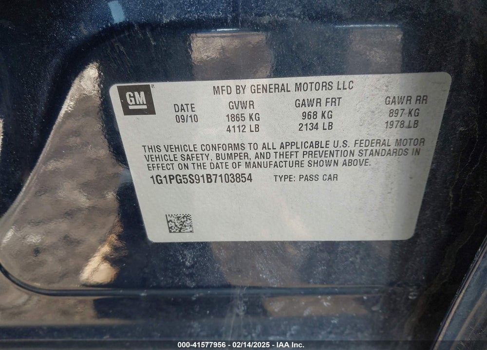 2011 CHEVROLET CRUZE 2LT VIN: 1G1PG5S91B7103854