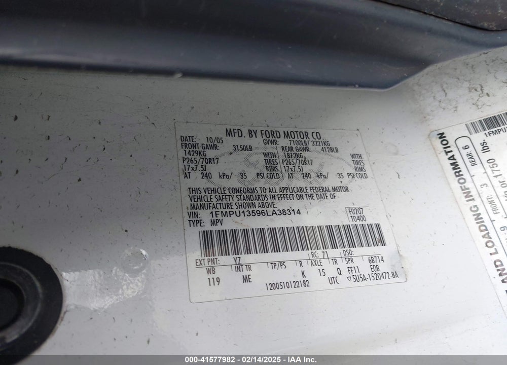 2006 FORD EXPEDITION XLS VIN: 1FMPU13596LA38314