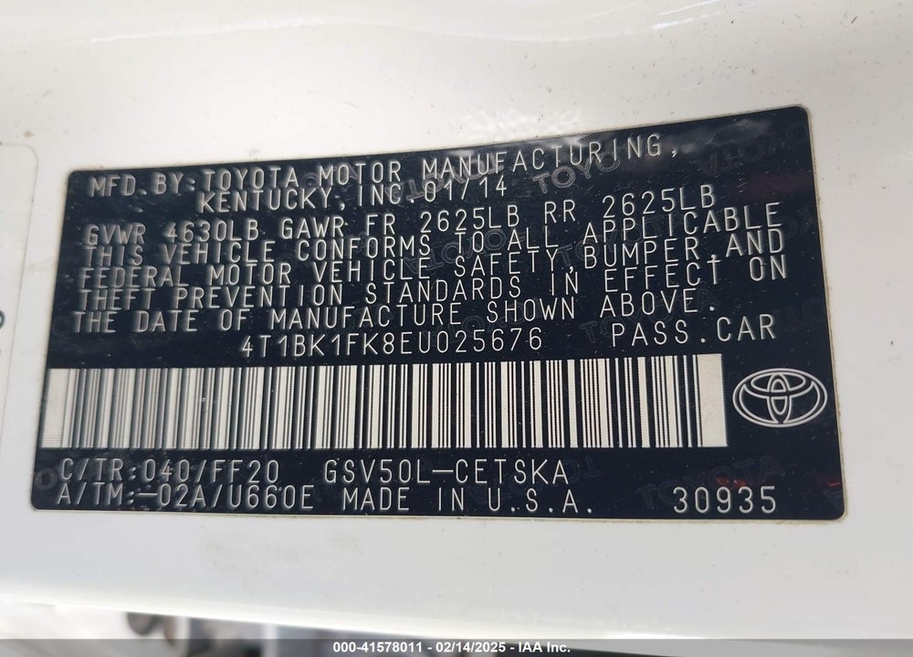 2014 TOYOTA CAMRY VIN: 4T1BK1FK8EU025676