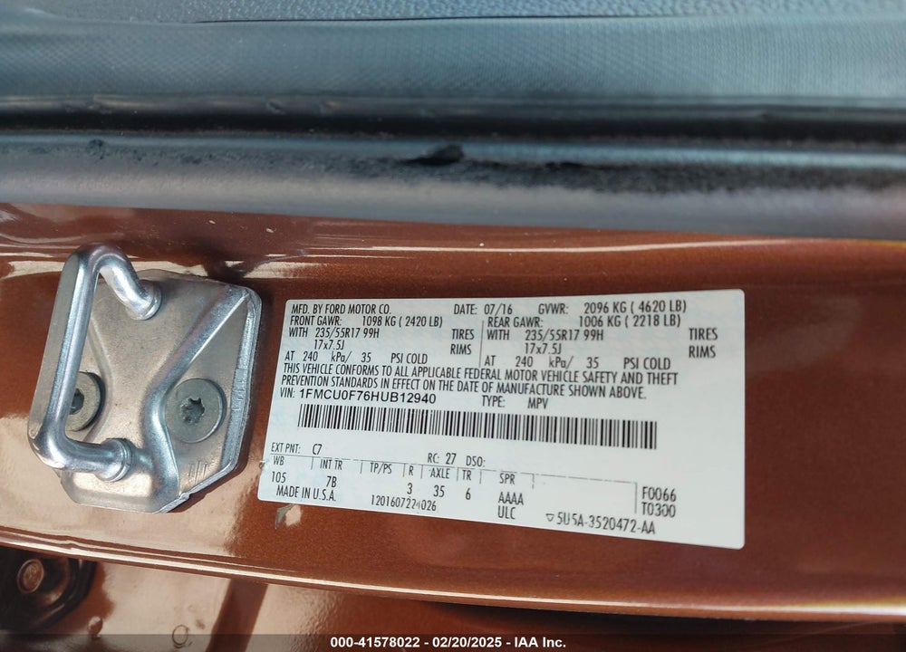 2017 FORD ESCAPE S VIN: 1FMCU0F76HUB12940