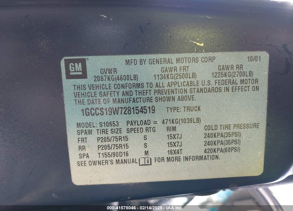 2002 CHEVROLET S-10 VIN: 1GCCS19W728154519
