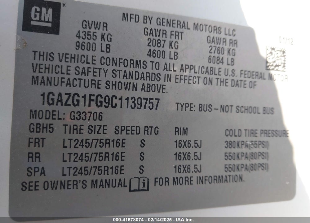 2012 CHEVROLET EXPRESS 3500 LT VIN: 1GAZG1FG9C1139757