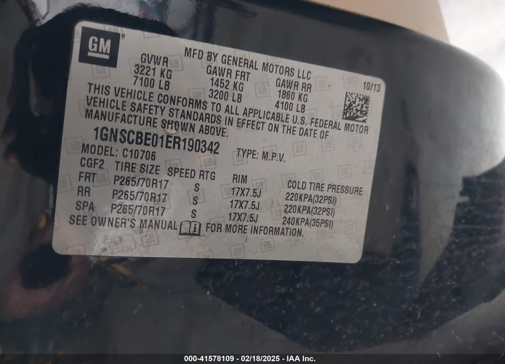 2014 CHEVROLET TAHOE LT VIN: 1GNSCBE01ER190342