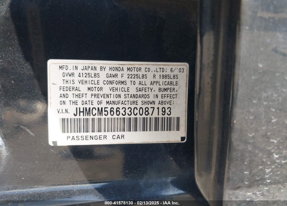 2003 HONDA ACCORD 2.4 EX VIN: JHMCM56633C087193