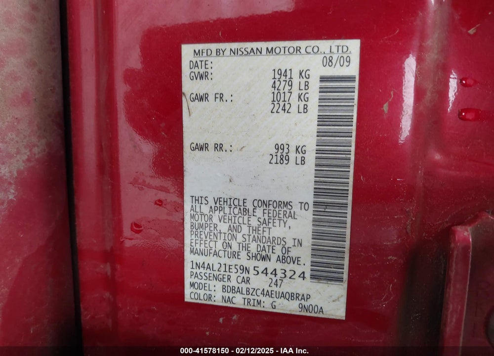 2009 NISSAN ALTIMA 2.5 S VIN: 1N4AL21E59N544324
