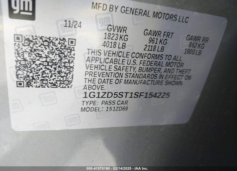 2025 CHEVROLET MALIBU FWD 1LT VIN: 1G1ZD5ST1SF154225