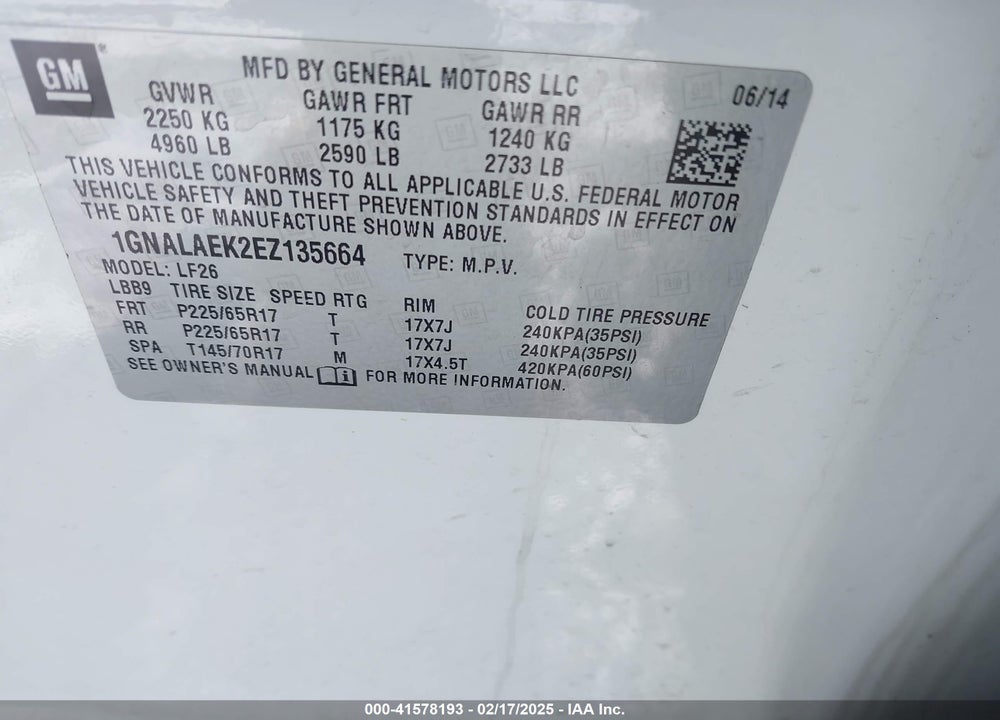 2014 CHEVROLET EQUINOX LS VIN: 1GNALAEK2EZ135664