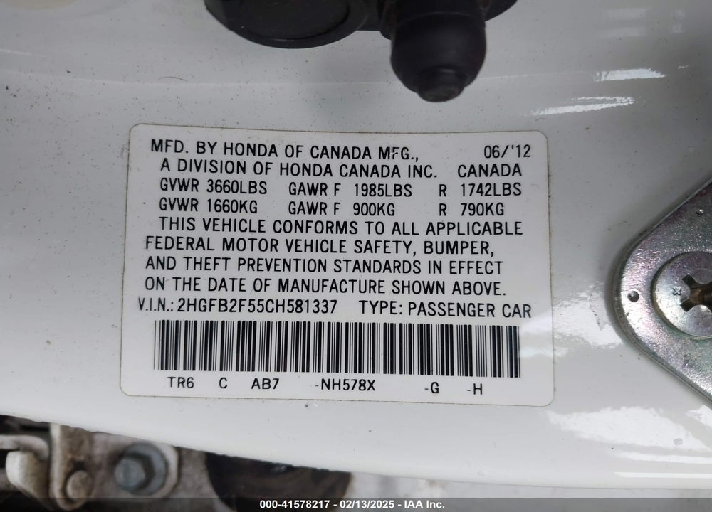 2012 HONDA CIVIC VIN: 2HGFB2F55CH581337