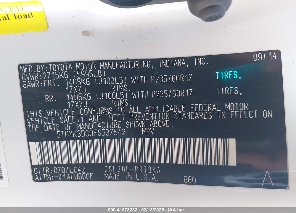 2015 TOYOTA SIENNA XLE LIMITED VIN: 5TDYK3DC0FS537542