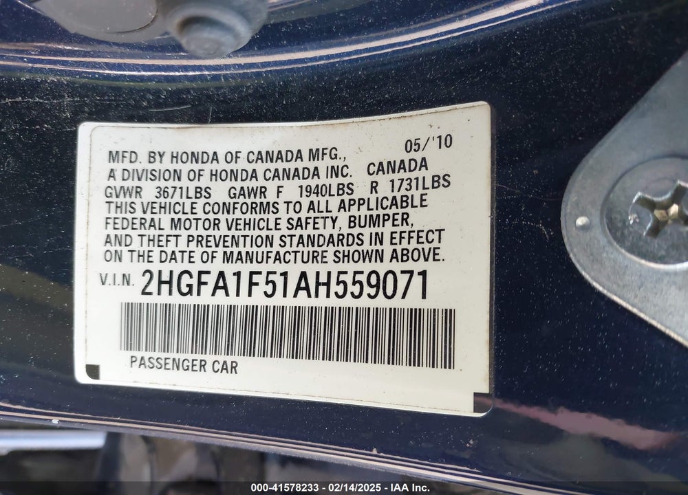 2010 HONDA CIVIC LX VIN: 2HGFA1F51AH559071