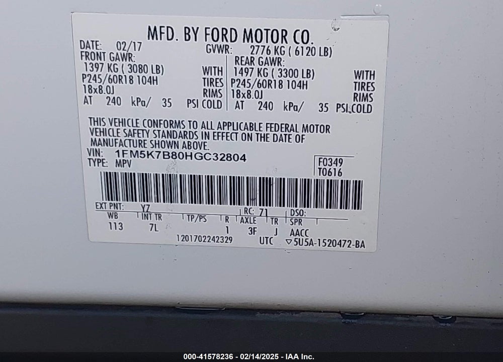 2017 FORD EXPLORER VIN: 1FM5K7B80HGC32804