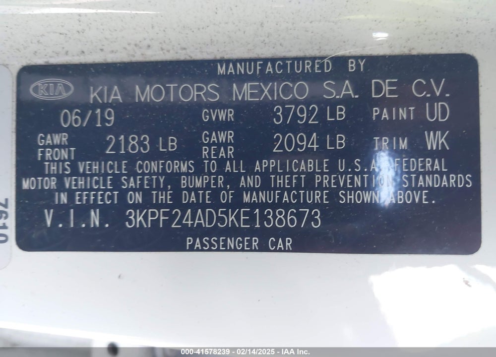2019 KIA FORTE VIN: 3KPF24AD5KE138673