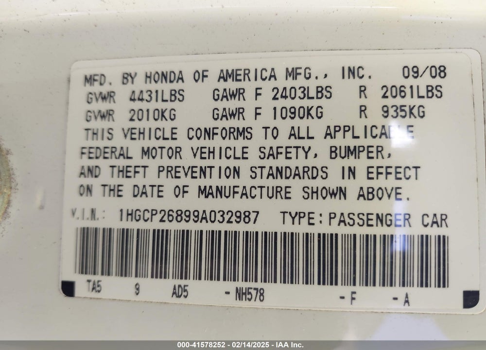 2009 HONDA ACCORD VIN: 1HGCP26899A032987