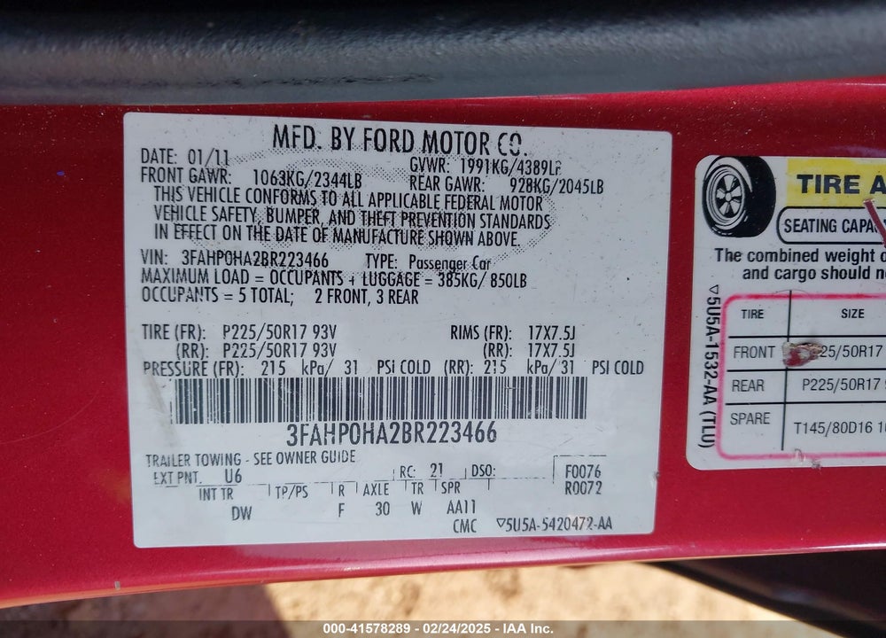 2011 FORD FUSION SE VIN: 3FAHP0HA2BR223466