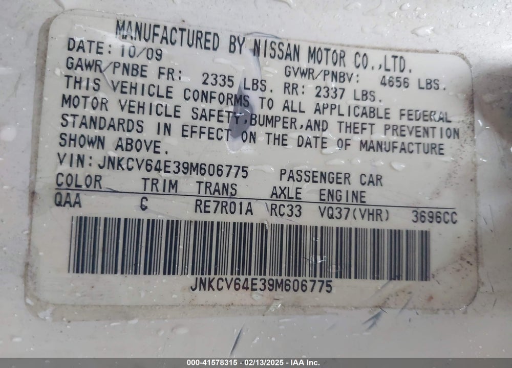 2009 INFINITI G37 VIN: JNKCV64E39M606775