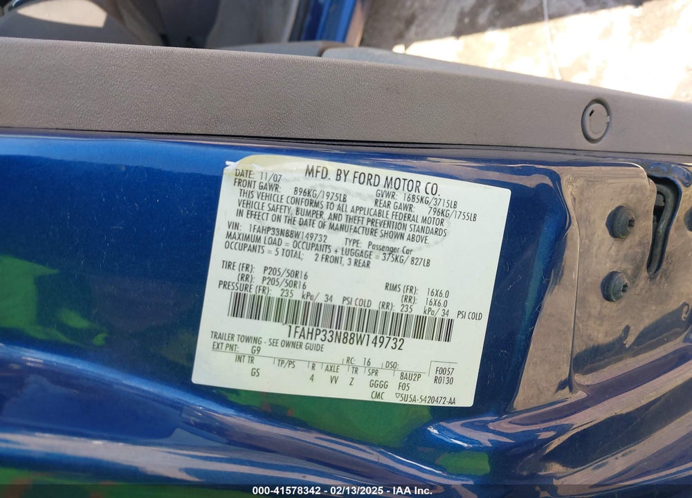 2008 FORD FOCUS VIN: 1FAHP33N88W149732