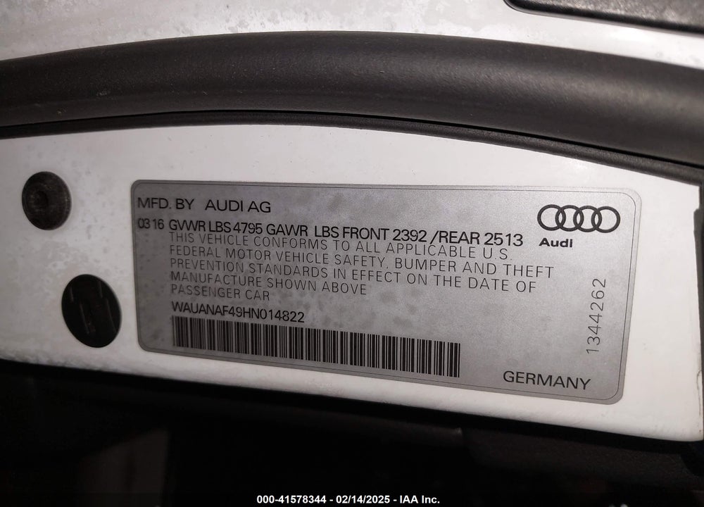 2017 AUDI A4 VIN: WAUANAF49HN014822