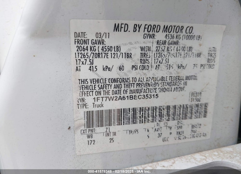 2011 FORD F-250 VIN: 1FT7W2A61BEC35315