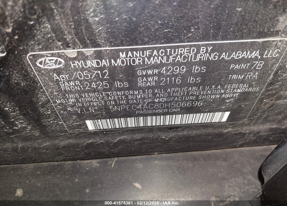 2013 HYUNDAI SONATA LIMITED VIN: 5NPEC4AC8DH506696