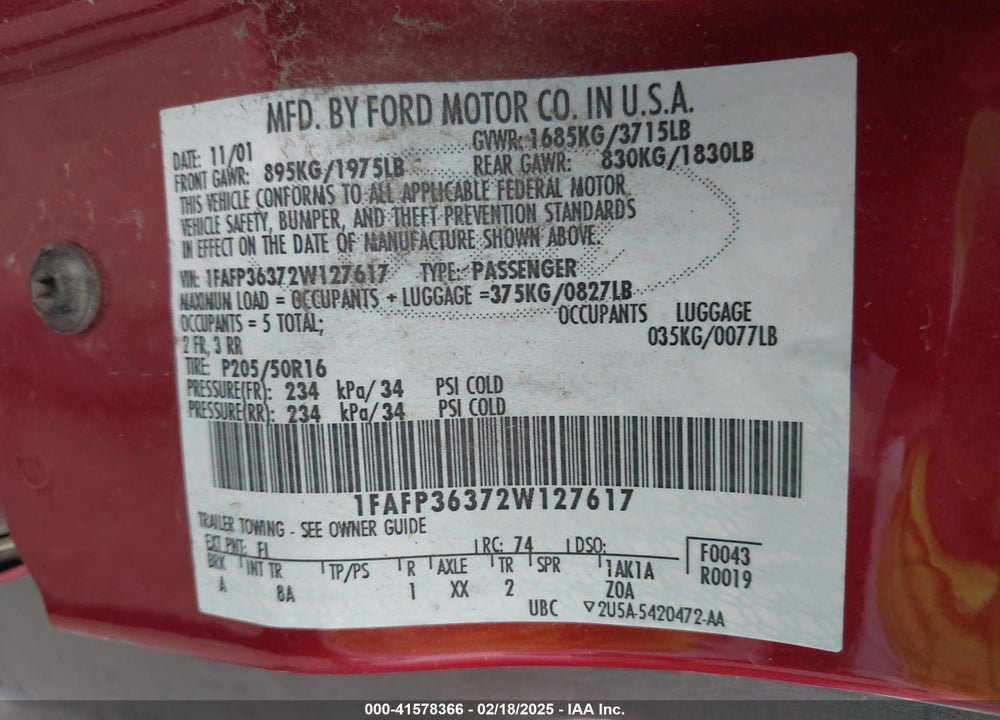 2002 FORD FOCUS VIN: 1FAFP36372W127617