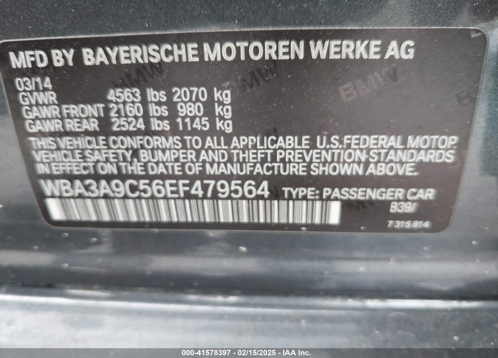 2014 BMW 335I VIN: WBA3A9C56EF479564