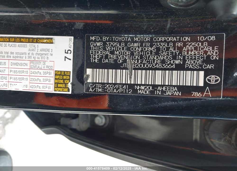 2009 TOYOTA PRIUS VIN: JTDKB20U093483664