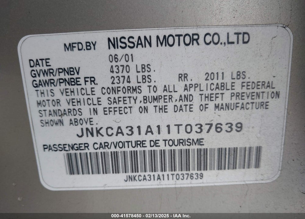 2001 INFINITI I30 LUXURY VIN: JNKCA31A11T037639
