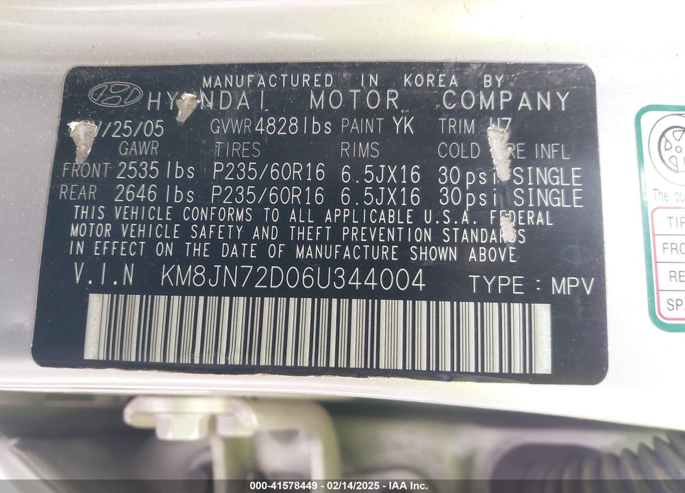 2006 HYUNDAI TUCSON GLS/LIMITED VIN: KM8JN72D06U344004