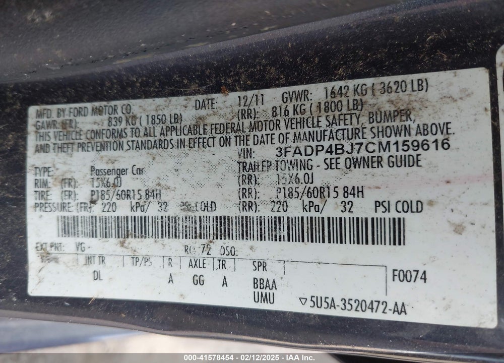 2012 FORD FIESTA VIN: 3FADP4BJ7CM159616