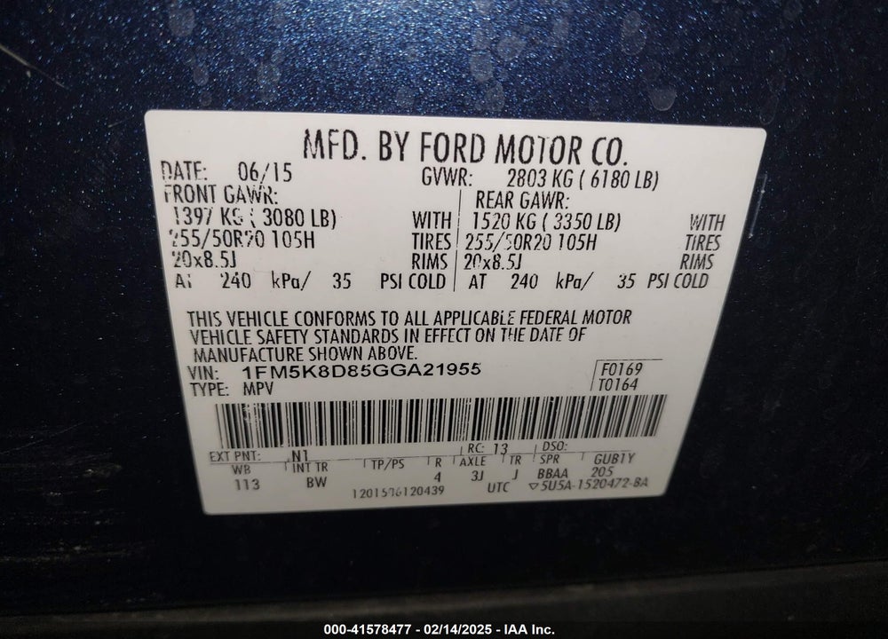 2016 FORD EXPLORER XLT VIN: 1FM5K8D85GGA21955
