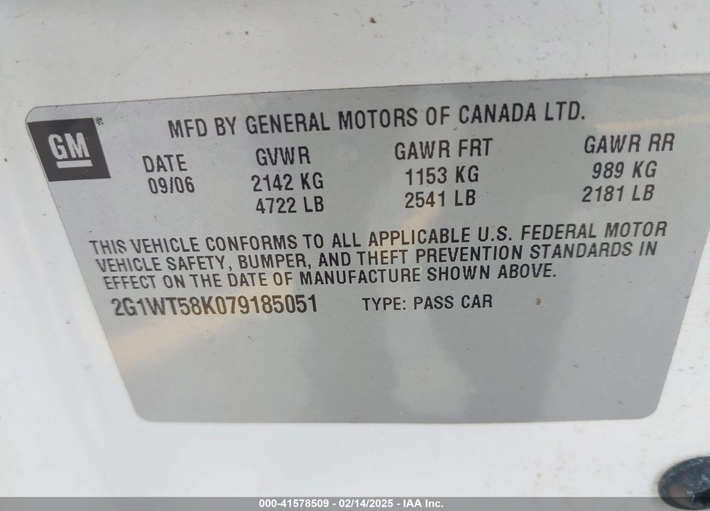 2007 CHEVROLET IMPALA LT VIN: 2G1WT58K079185051