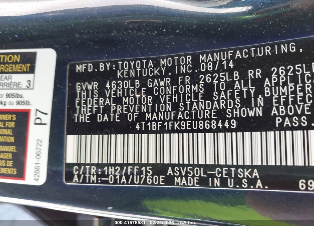 2014 TOYOTA CAMRY SE VIN: 4T1BF1FK9EU868449