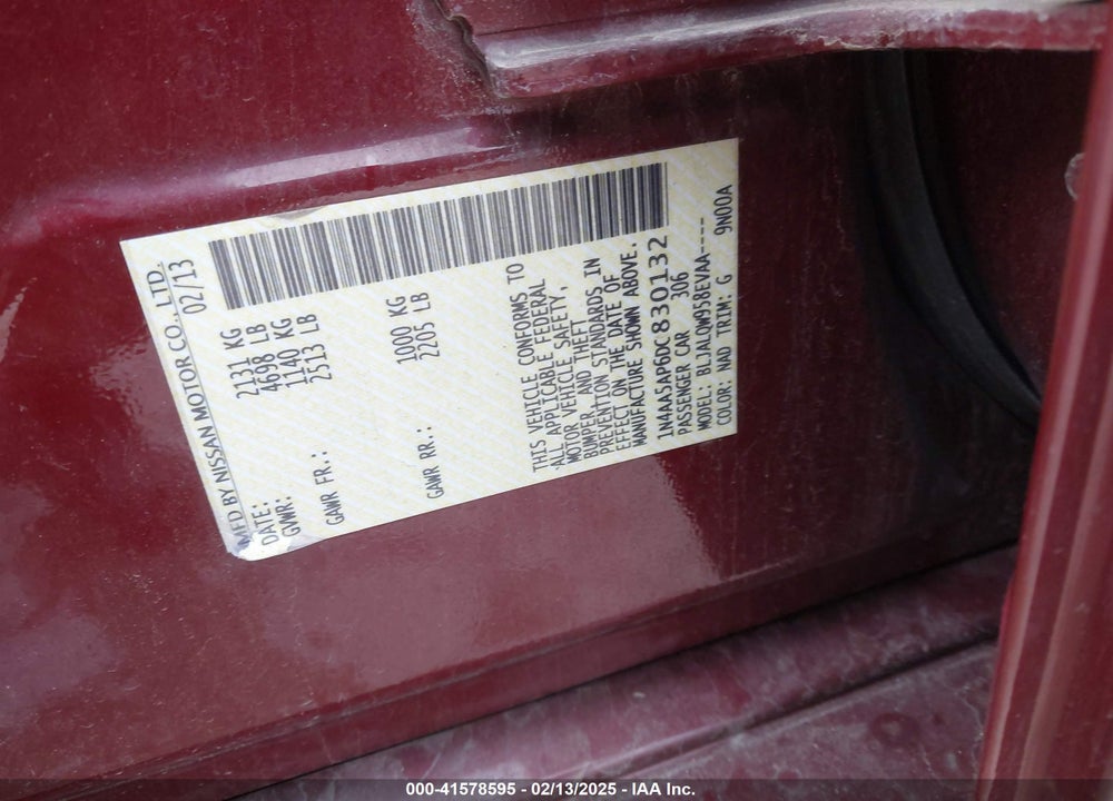 2013 NISSAN MAXIMA VIN: 1N4AA5AP6DC830132