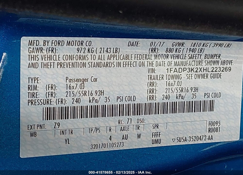 2017 FORD FOCUS VIN: 1FADP3K2XHL223269