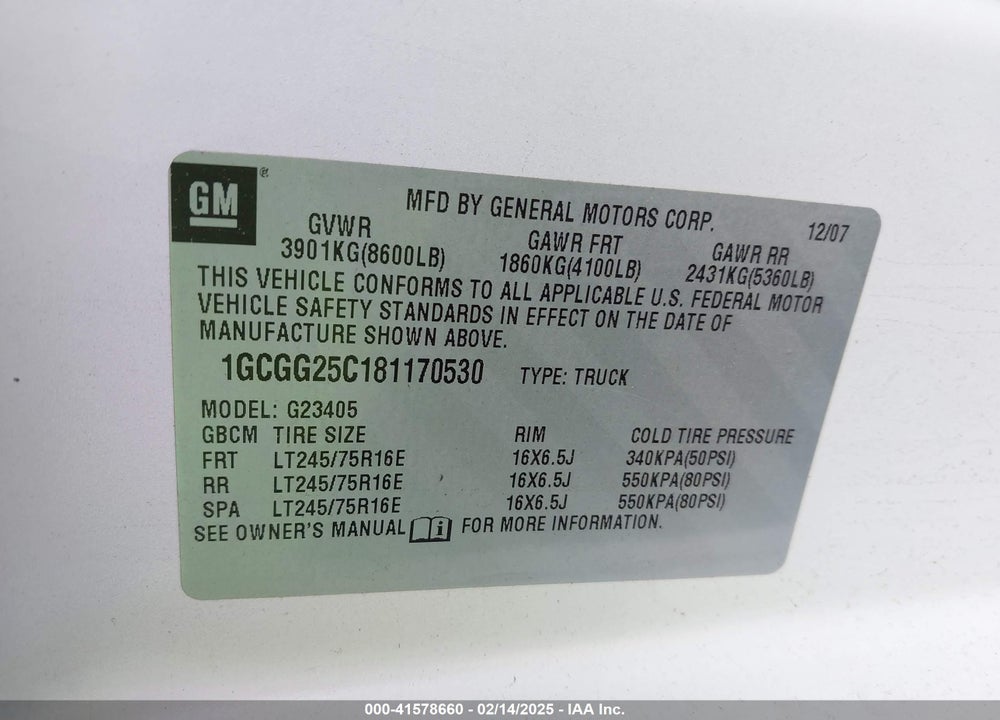 2008 CHEVROLET EXPRESS WORK VAN VIN: 1GCGG25C181170530