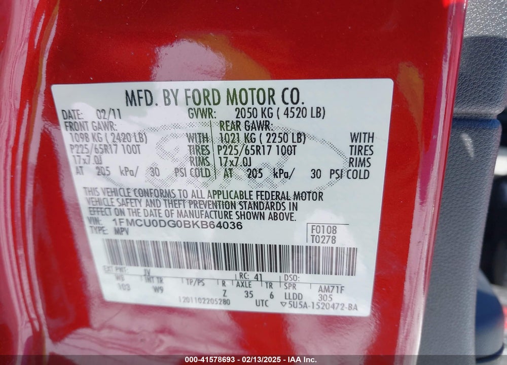 2011 FORD ESCAPE XLT VIN: 1FMCU0DG0BKB64036