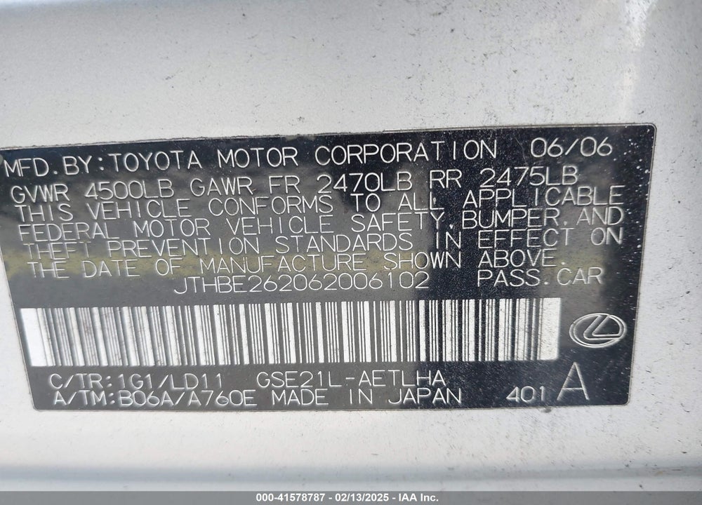 2006 LEXUS IS 350 VIN: JTHBE262062006102
