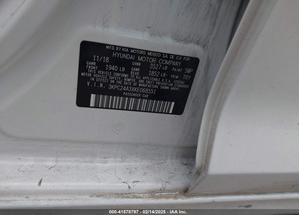2019 HYUNDAI ACCENT VIN: 3KPC24A3XKE068551