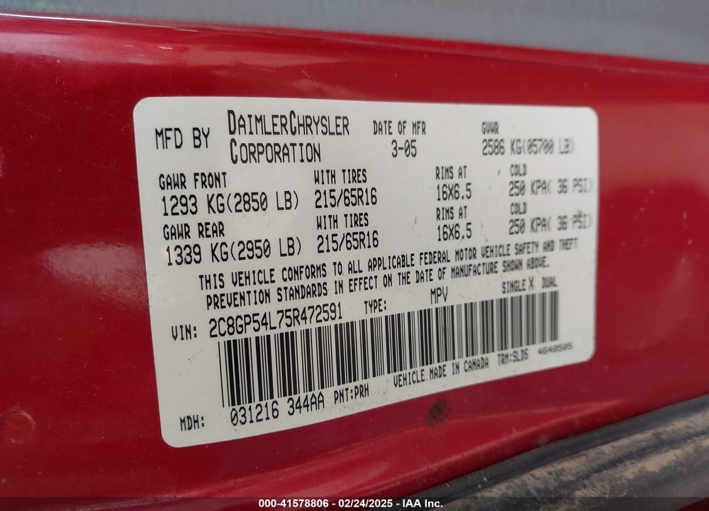 2005 CHRYSLER TOWN & COUNTRY TOURING VIN: 2C8GP54L75R472591
