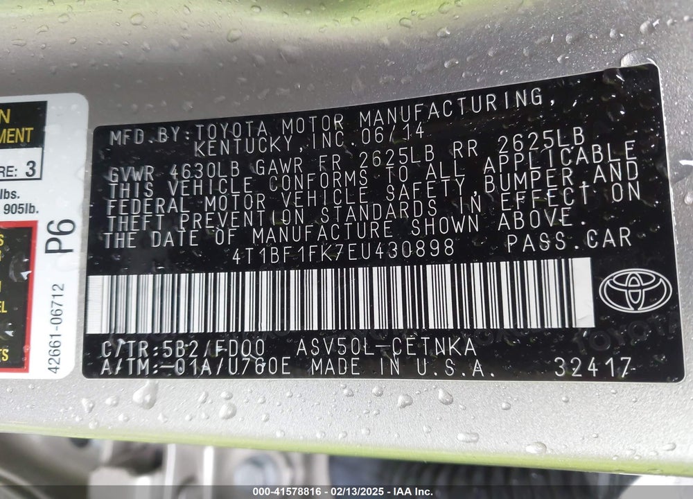 2014 TOYOTA CAMRY VIN: 4T1BF1FK7EU430898