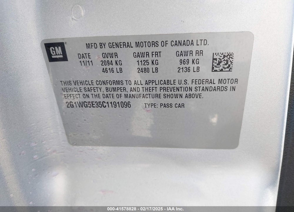 2012 CHEVROLET IMPALA VIN: 2G1WG5E35C1191096