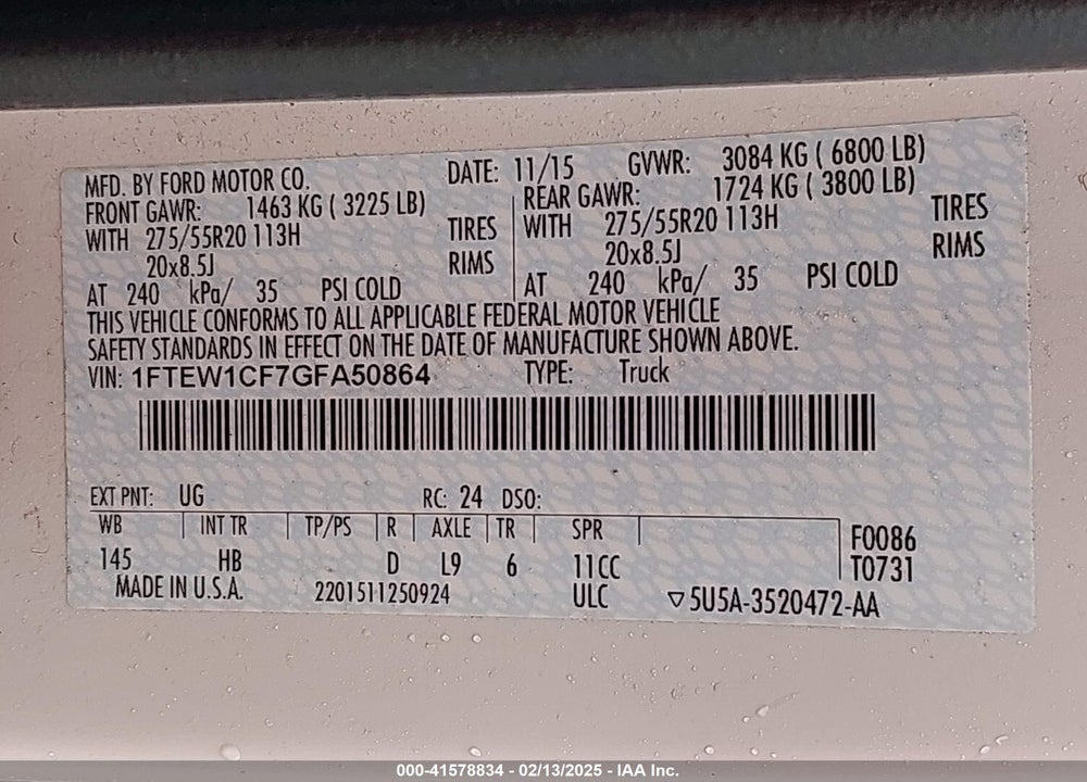 2016 FORD F-150 VIN: 1FTEW1CF7GFA50864